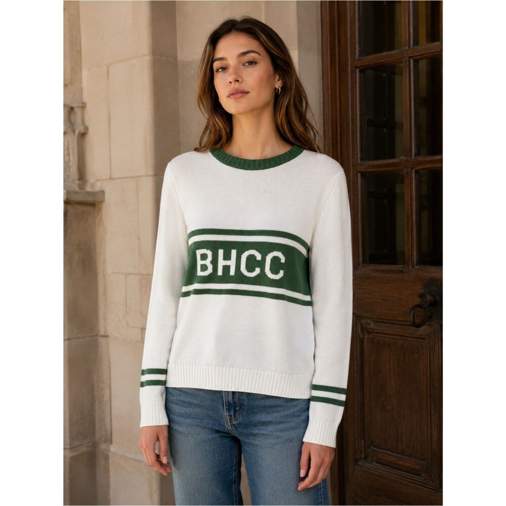 Ellsworth + Ivey BHCC Collegiate Sweater  Ivory & Green Cotton Blend  Knit S